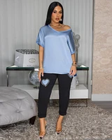 Sannela Slate Blue Silky V-Neckline Top