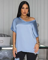 Sannela Slate Blue Silky V-Neckline Top