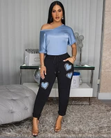 Sannela Slate Blue Silky V-Neckline Top