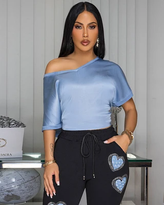 Sannela Slate Blue Silky V-Neckline Top