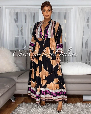 Solene Black Brown Floral Print Maxi Dress