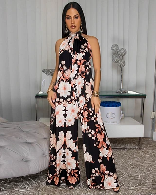 Anjorie Black Blush Floral Print Silky Halter Jumpsuit