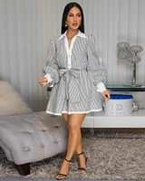 Melita Grey White Stripes Skater Dress