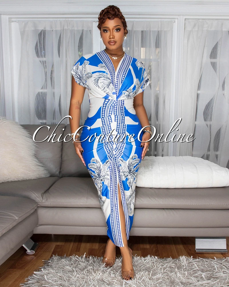 Mahalia Blue Off-White Print Deep V Neck Draped Dress