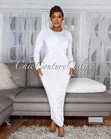 Razelle White Twist Bust Ruched Midi Dress