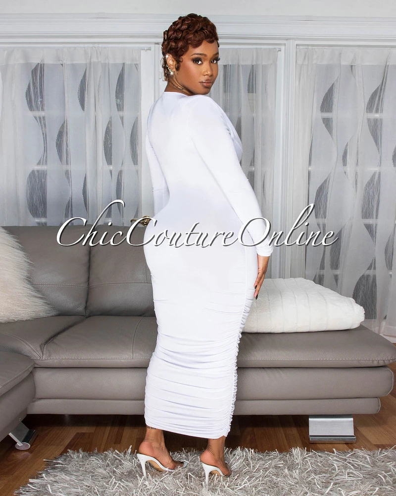 Razelle White Twist Bust Ruched Midi Dress