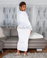 Razelle White Twist Bust Ruched Midi Dress