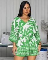 Lenesse Kelly-Green White Print Romper