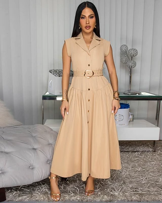 Kahina Nude Belted Midi Dress