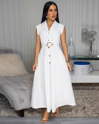 Kahina Off-White Belted Midi Dress