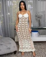 Aleana Cream Nude Illusion Crochet Maxi Dress