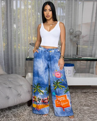 Miami Blue Denim Print Multi-Color Pants