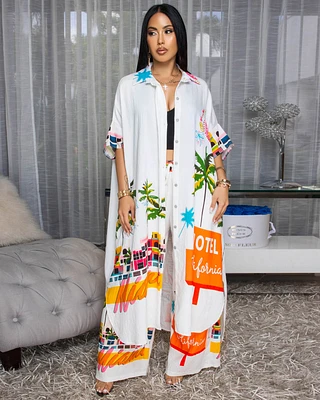 Miami Cream Multi-Color Print Maxi Dress