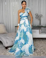 Starlane Ivory Blue Print Ruffle Maxi Dress