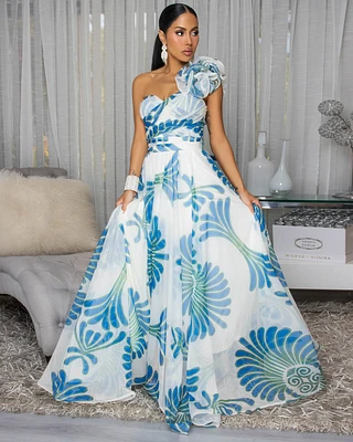Starlane Ivory Blue Print Ruffle Maxi Dress