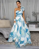 Starlane Ivory Blue Print Ruffle Maxi Dress