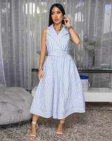 Vera White Blue Stripes Belted Midi Dress