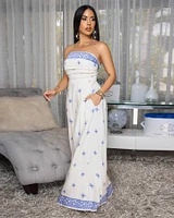 Taneika Cream Blue Print Strapless Jumpsuit