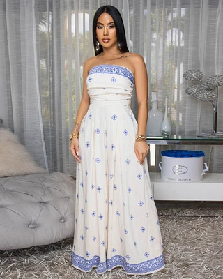 Taneika Cream Blue Print Strapless Jumpsuit
