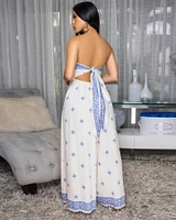 Taneika Cream Blue Print Strapless Jumpsuit
