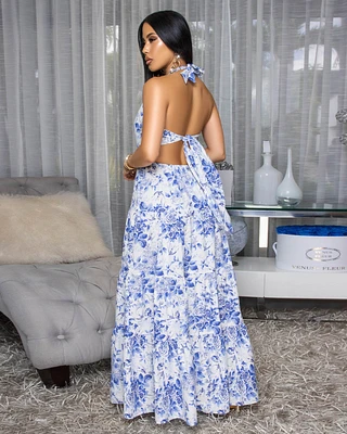 Yvette White Blue Floral Print Open Back Maxi Dress