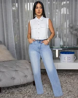 Taliana White Sleeveless Linen Crop Shirt