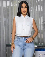 Taliana White Sleeveless Linen Crop Shirt