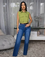 Taliana Olive Green Sleeveless Linen Crop Shirt