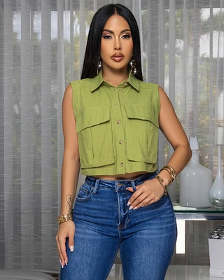 Taliana Olive Green Sleeveless Linen Crop Shirt