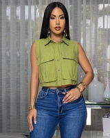 Taliana Olive Green Sleeveless Linen Crop Shirt
