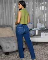 Taliana Olive Green Sleeveless Linen Crop Shirt