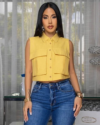 Taliana Mustard Yellow Sleeveless Linen Crop Shirt