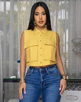 Taliana Mustard Yellow Sleeveless Linen Crop Shirt