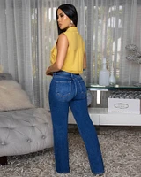 Taliana Mustard Yellow Sleeveless Linen Crop Shirt