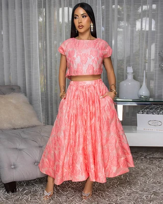 Desideria Coral Textured Top & Skirt Set
