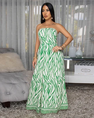 Darby Cream Green Print Strapless Jumpsuit