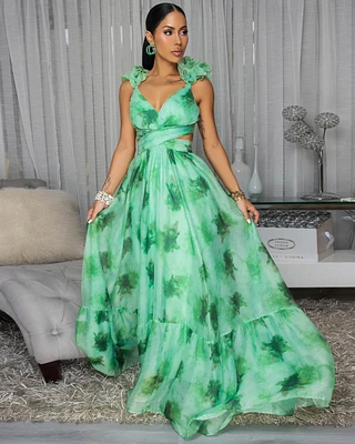Jarielle Green Floral Print Drape Ruffle Maxi Dress