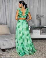 Jarielle Green Floral Print Drape Ruffle Maxi Dress