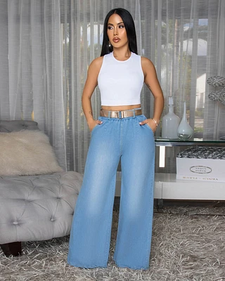 Aspen Light Blue Denim Belted Straight Legs Jeans