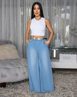 Aspen Light Blue Denim Belted Straight Legs Jeans