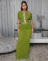 Lawrence Green Mesh Ruched Top & Skirt Set