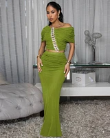 Lawrence Green Mesh Ruched Top & Skirt Set