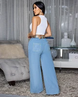 Aspen Light Blue Denim Belted Straight Legs Jeans