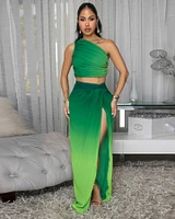 Vola Green Ombre Pleated Top & Skirt Set