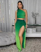 Vola Green Ombre Pleated Top & Skirt Set