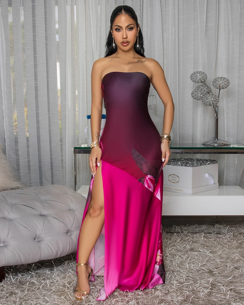 Sashane Magenta Slit Strapless Maxi Dress