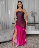 Sashane Magenta Slit Strapless Maxi  Dress