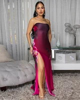 Sashane Magenta Slit Strapless Maxi  Dress