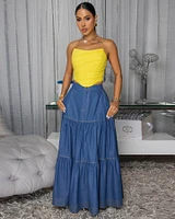 Bruna Dark Denim Blue Tier Maxi Skirt