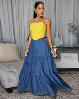 Bruna Dark Denim Blue Tier Maxi Skirt